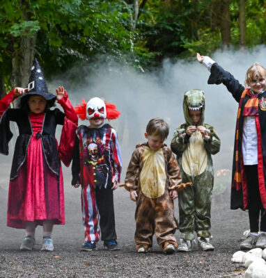 Children in vibrant Halloween costumes playing in a misty forest setting, creating a magical and adventurous atmosphere.