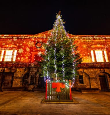 Stunningly lit building facade with festive Christmas tree and lights, perfect for holiday stays in historic architecture.