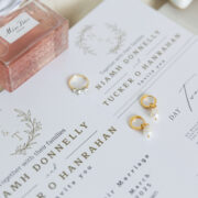 Elegant wedding invitation set with rings and perfume, showcasing luxury and romance for your special day.