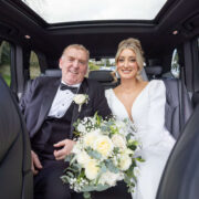 Happy couple in a luxury car, bride in elegant dress holding a bouquet, feeling joyful. Perfect for weddings and special events.