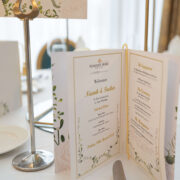 Elegant hotel dining setup with menu cards on a beautifully arranged table, perfect for weddings or events.
