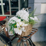 Bicycle with flower basket by hotel entrance, near red carpet, offering a charming and welcoming ambiance.