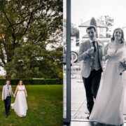 Elegant bride and groom strolling through lush garden and entering grand lobby, ideal for wedding celebrations.
