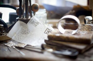 Cosy artisan workspace with Celtic designs and crafting tools, offering a glimpse into creative hotel experiences.