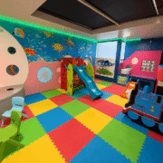 Vibrant kids' playroom with colourful slides, activity toys, and fish-themed wall at family-friendly hotel.